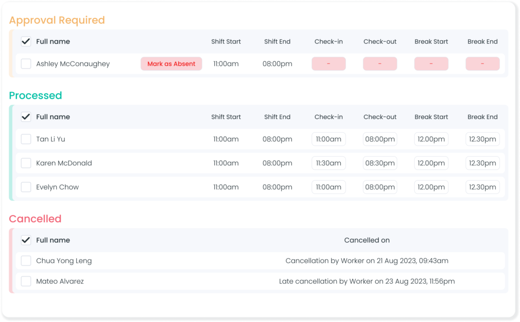 Edit clock in, out and break times for all workers in a shift.